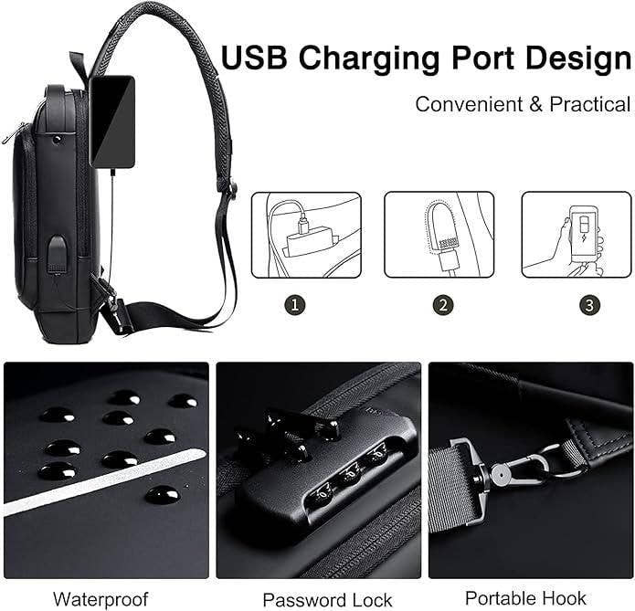 Black leather sling bag for men with USB charging port, waterproof, password lock, and portable hook features