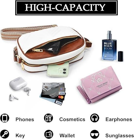 Women crossbody sling bag with high capacity, stylish wide strap, and compact size for phones, cosmetics, earphones, keys, wallet, and sunglasses.