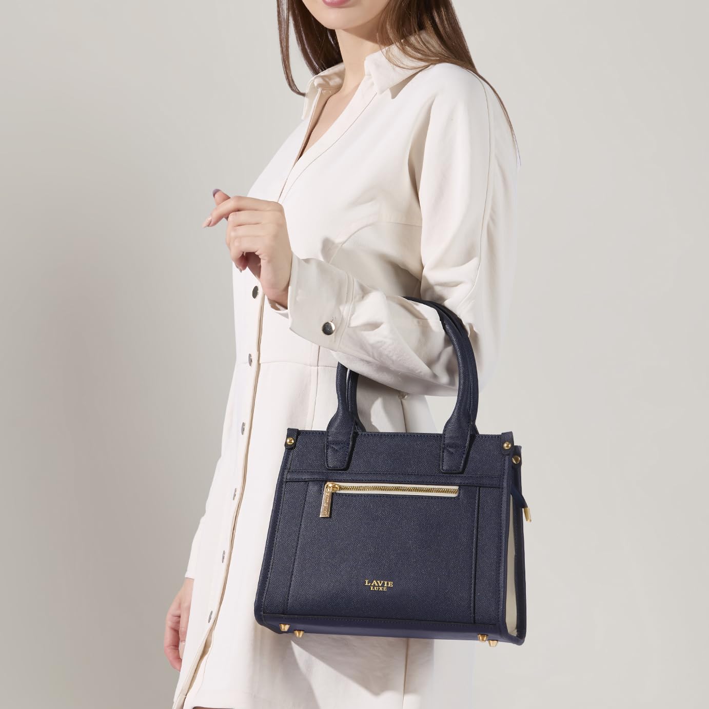 Lavie Luxe women's Sasha25 navy blue satchel handbag with gold accents, stylish shoulder bag for work with spacious organization