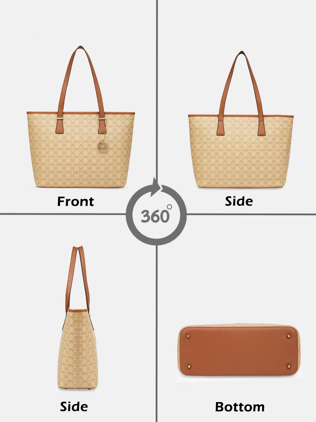 Sophisticated Sherry Monoprint Tote with beige monoprint design, brown leather handles, and metallic hardware shown from front, side, and bottom views