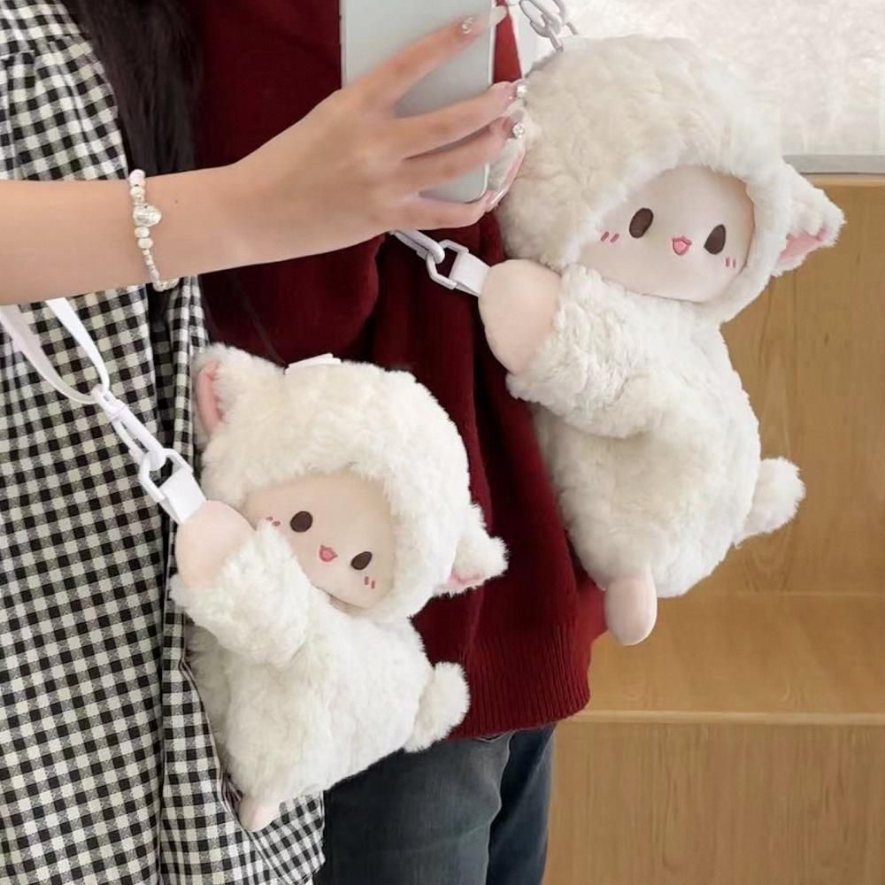 Small cute lamb plush bag cream color soft sling bag for women casual use with zip closure