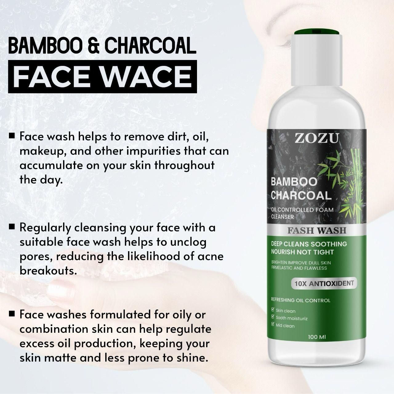 ZOZU Charcoal Face Wash pack of 2 bottles with 10x antioxidant, bamboo charcoal, foam cleanser for deep cleansing and oil control, 100ml each