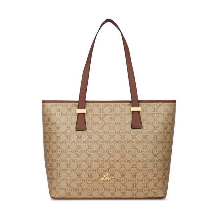 Sophisticated Sherry Monoprint Tote with brown handles and gold hardware, stylish and spacious handbag for daily use