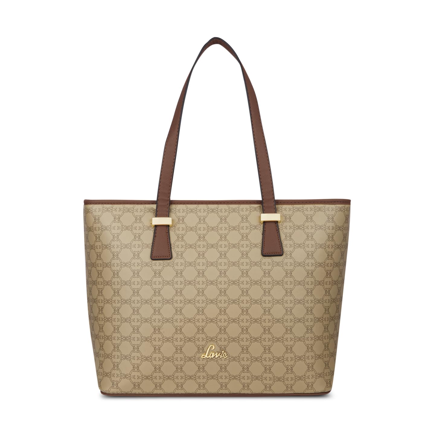 Sophisticated Sherry Monoprint Tote with brown handles and gold hardware, stylish and spacious handbag for daily use