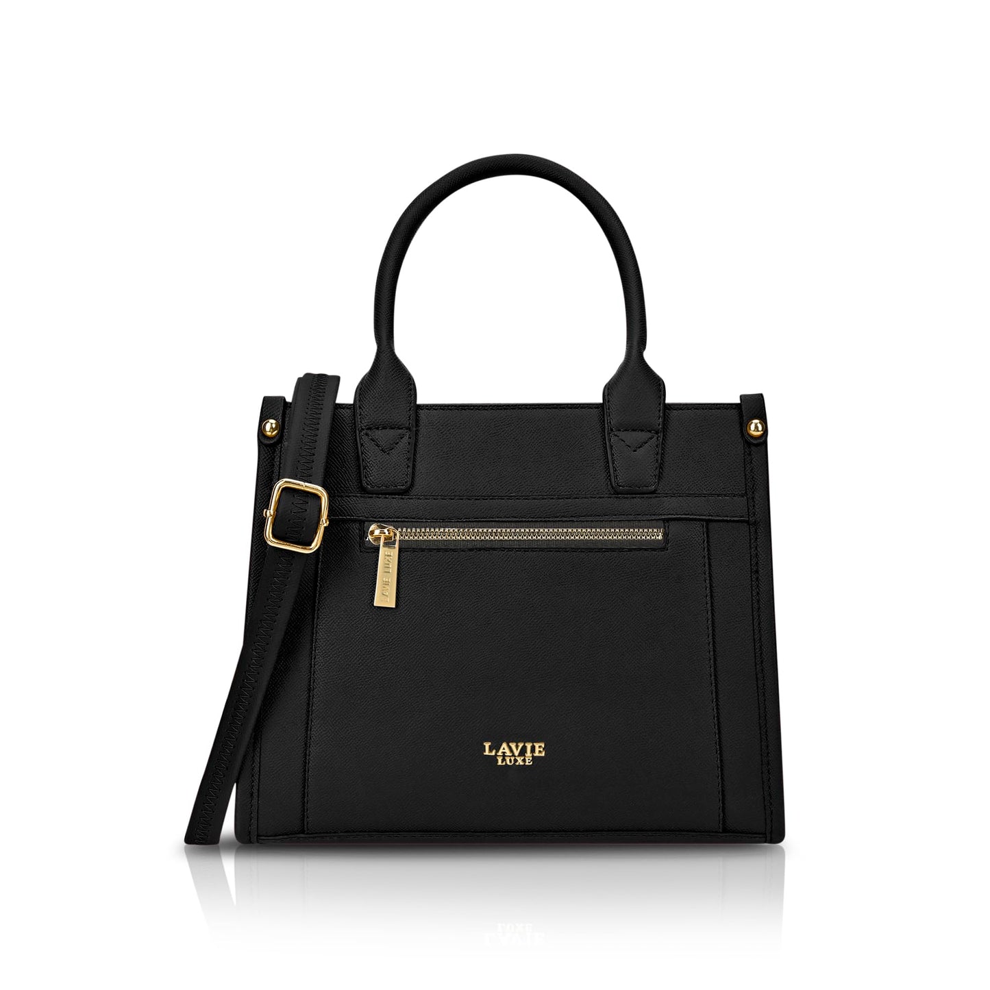 Lavie Luxe Sasha25 black satchel handbag for women with shoulder strap and gold zipper detail