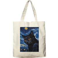Dlzdn Starry Night canvas tote bag with black cat design for women, reusable grocery and lunch bag