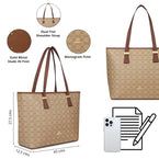 Sophisticated Sherry Monoprint Tote with monogram print, dual flat shoulder straps, gold metal studs, and spacious design for organized essentials.