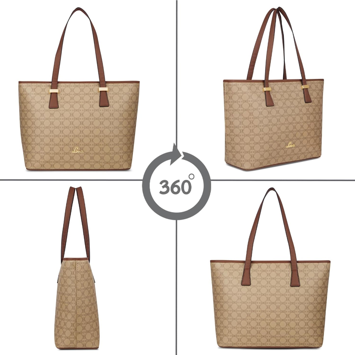360-degree view of Sophisticated Sherry Monoprint Tote with brown straps and elegant pattern design