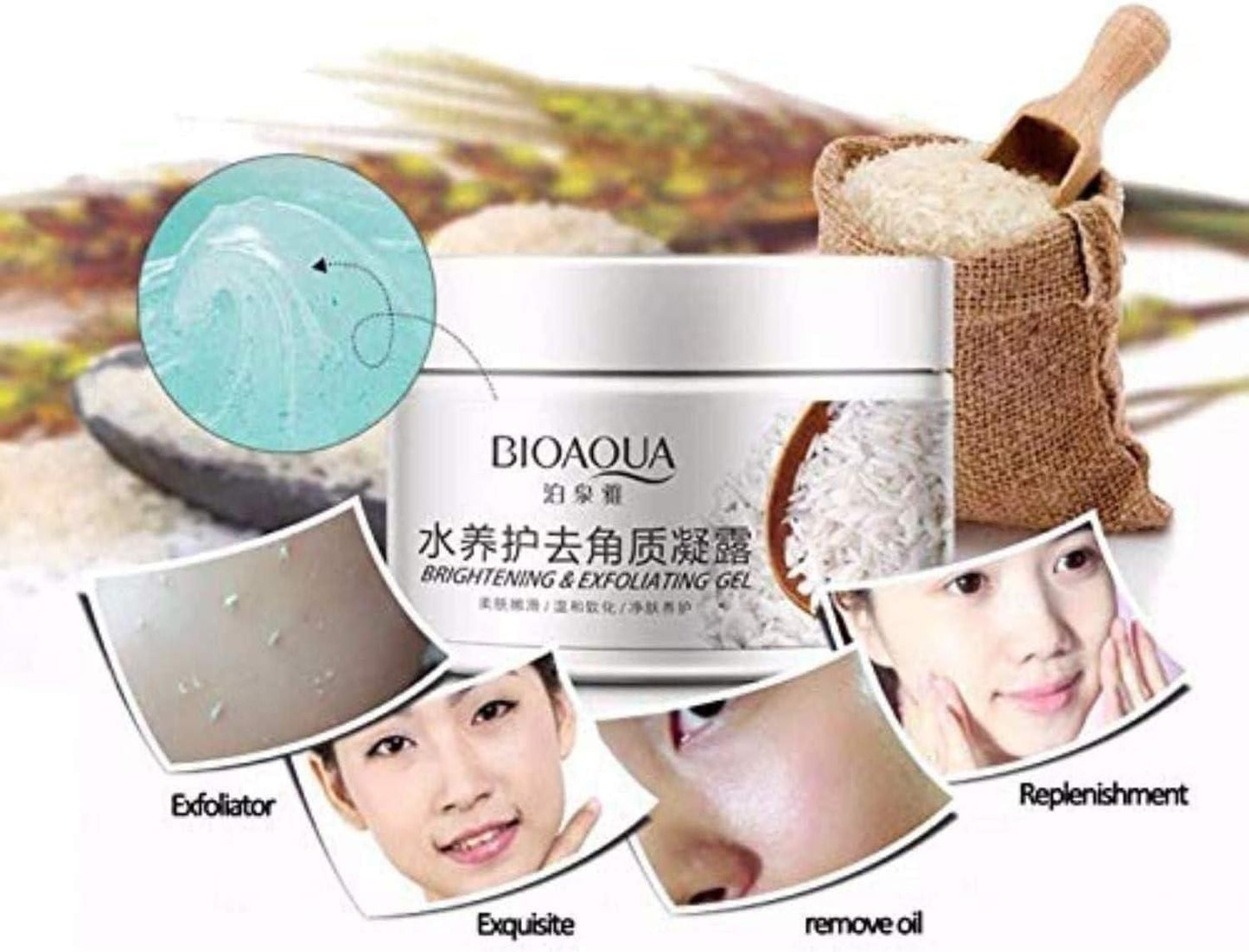 Rice Mild Exfoliating Tan Remover Gel pack showing exfoliating gel texture, rice ingredients, and skincare benefits for brightening and oil removal.