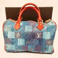 Women Lux BAG elegant designer handbag with blue patchwork and red handles