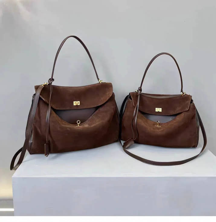 Two brown PU leather crossbody bags for women in large and small sizes with horizontal square design on display