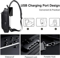 Black leather sling bag for men with USB charging port, waterproof, password lock, and portable hook features