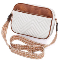 Women crossbody sling bag with quilted white front and brown accents, adjustable patterned strap, stylish and lightweight handbag