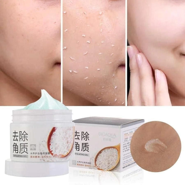 Rice Mild Exfoliating Tan Remover Gel pack showing open jar, application, and skin exfoliation results