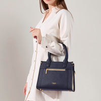 Lavie Luxe women's Sasha25 navy blue satchel handbag with gold accents, stylish shoulder bag for work with spacious organization