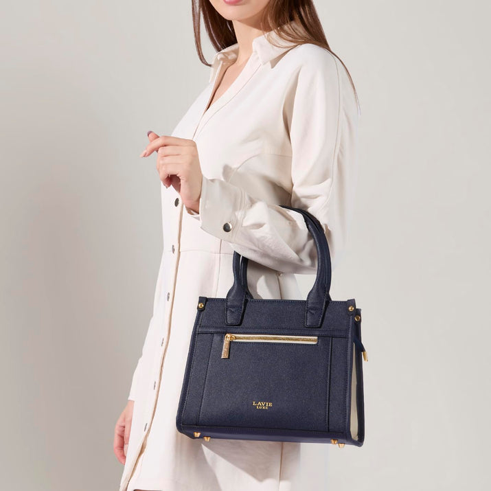 Lavie Luxe women's Sasha25 navy blue satchel handbag with gold accents, stylish shoulder bag for work with spacious organization