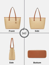 Sophisticated Sherry Monoprint Tote with beige monoprint design, brown leather handles, and metallic hardware shown from front, side, and bottom views