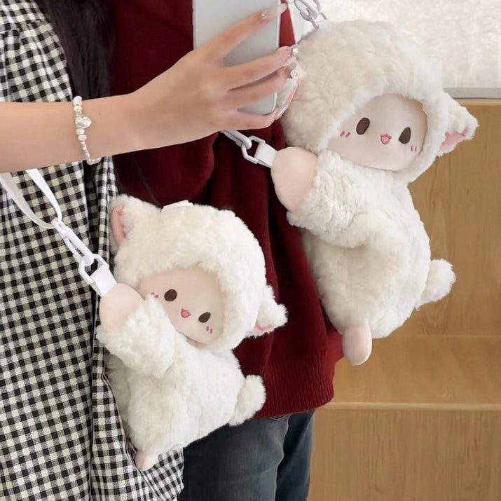 Small cute lamb plush bag cream color soft sling bag for women casual use with zip closure