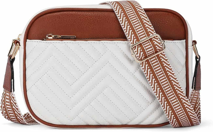 Women crossbody sling bag with white quilted front and brown wide adjustable strap