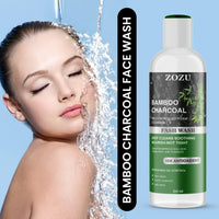 ZOZU Charcoal Face Wash 100ml bottle with bamboo charcoal for deep cleansing and antioxidant protection alongside woman washing face with water splash