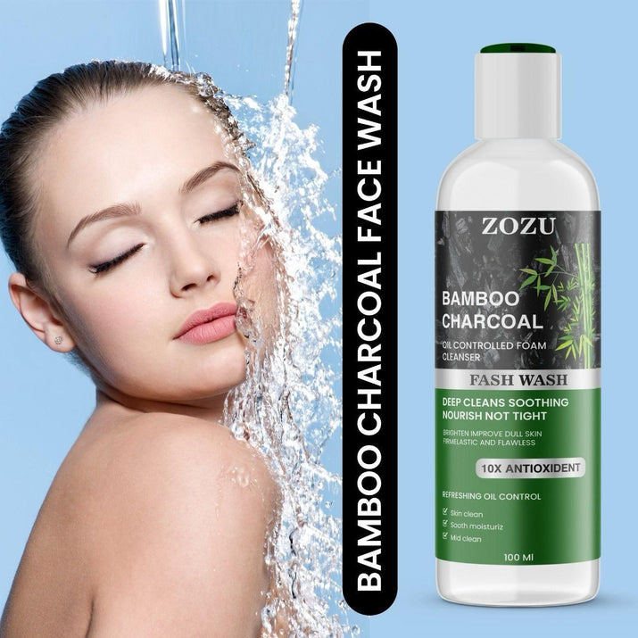 ZOZU Charcoal Face Wash 100ml bottle with bamboo charcoal for deep cleansing and antioxidant protection alongside woman washing face with water splash