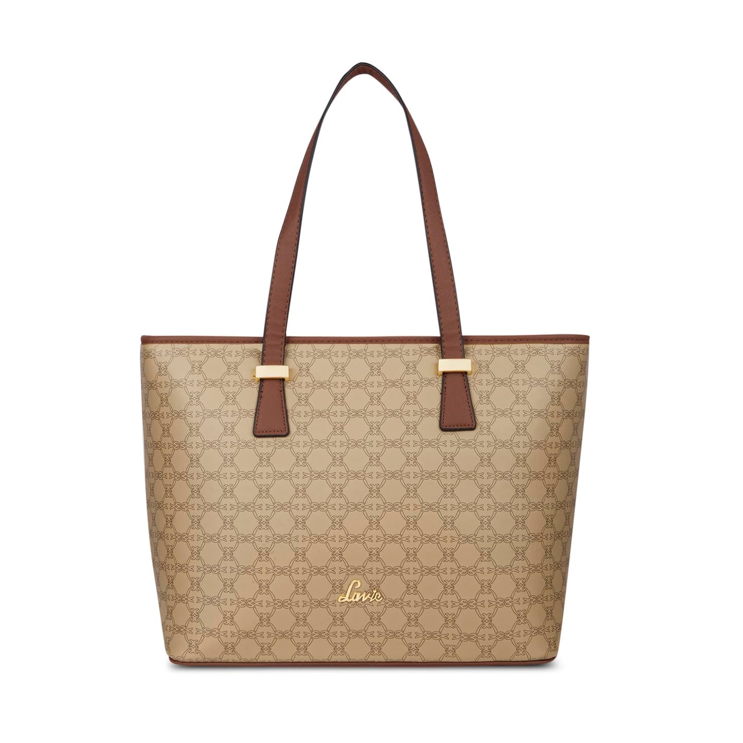 Sophisticated Sherry Monoprint Tote with brown handles and gold hardware, stylish and spacious handbag for daily use