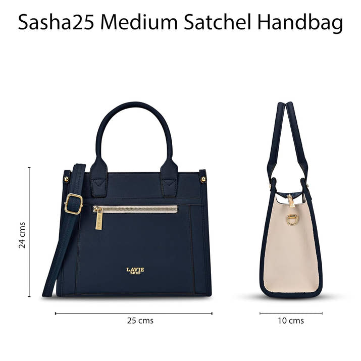 Lavie Luxe Sasha25 medium navy blue satchel handbag for women with gold zipper and adjustable shoulder strap, stylish and spacious work bag