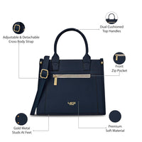 Lavie Luxe women's Sasha25 satchel handbag in navy with gold metal studs, adjustable crossbody strap, front zip pocket, dual cushioned handles, and premium soft material.