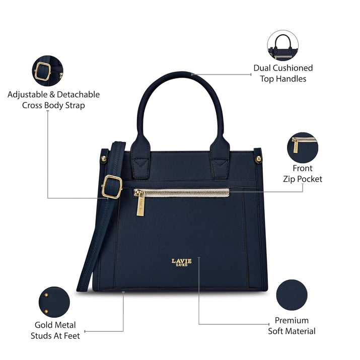 Lavie Luxe women's Sasha25 satchel handbag in navy with gold metal studs, adjustable crossbody strap, front zip pocket, dual cushioned handles, and premium soft material.