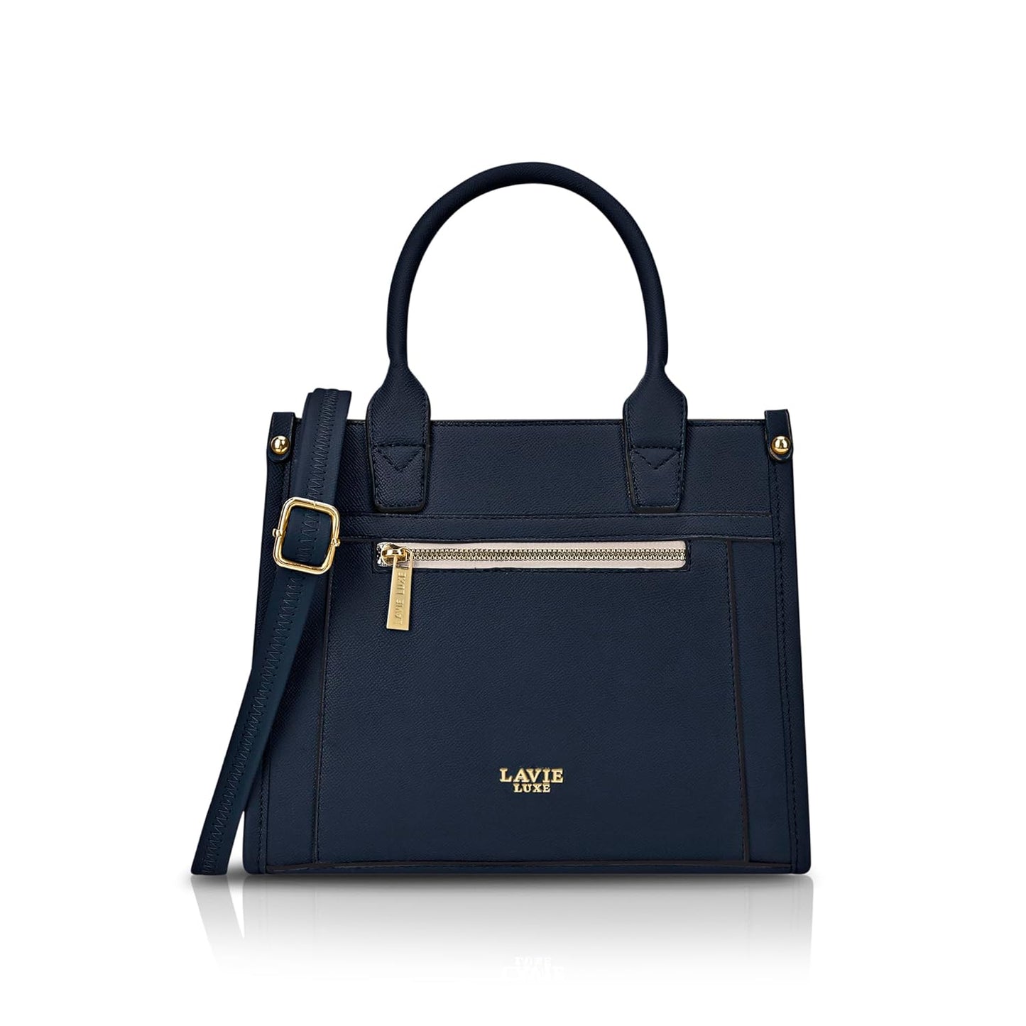 Lavie Luxe Sasha25 navy blue women's satchel handbag with gold zipper and adjustable shoulder strap