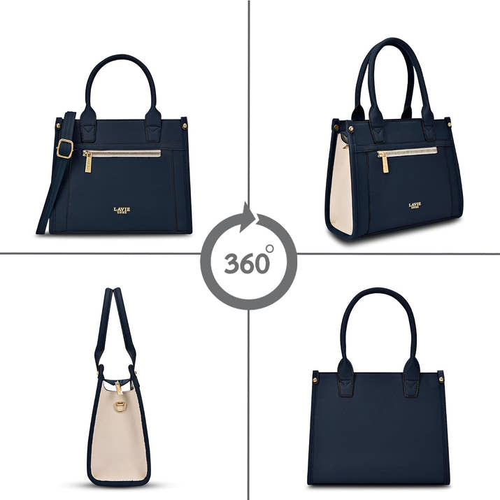 Lavie Luxe Sasha25 women's navy blue satchel handbag with gold accents and spacious design
