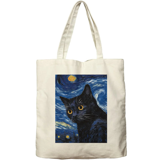 Dlzdn Starry Night canvas tote bag with black cat design for women, reusable grocery and lunch bag