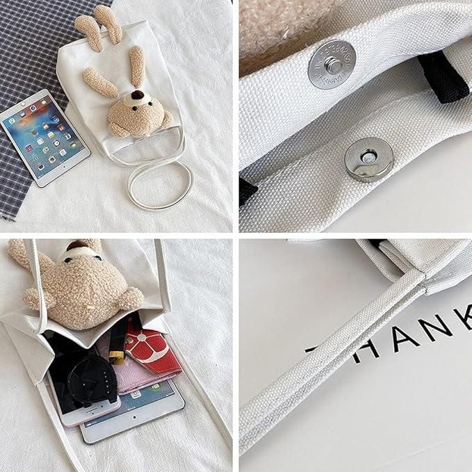 cute shoulder bag tote handbag with plush teddy bear and magnetic closure