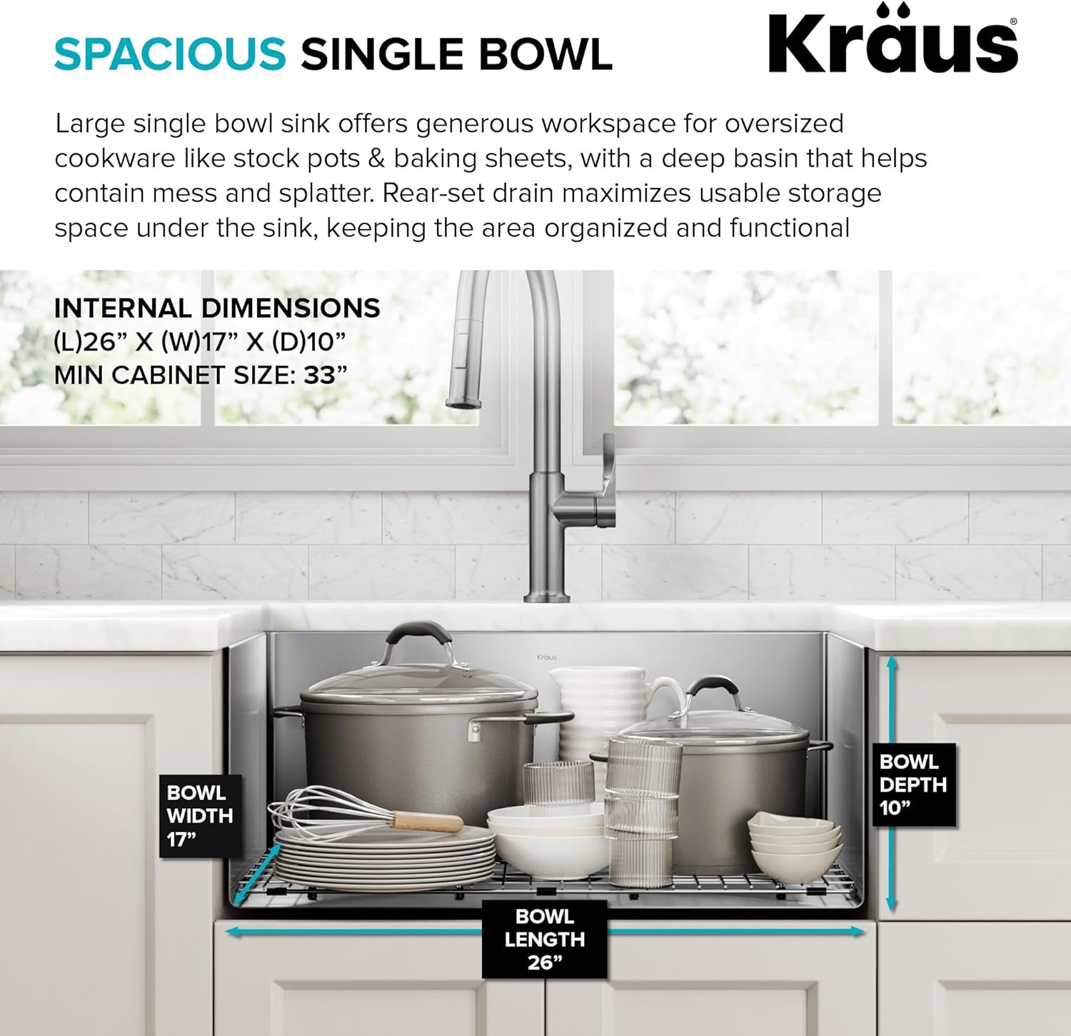 Standart PRO 28-Inch 16 Gauge Undermount Single Bowl Stainless Steel Kitchen Sink, KHU100-28