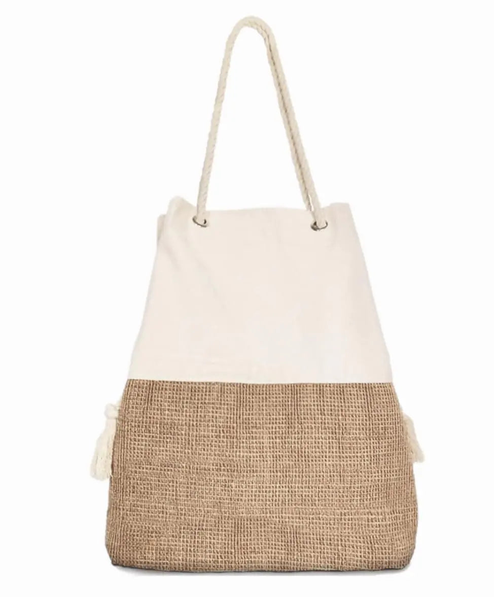 TRIBECA TRIBE beach bag large two-tone canvas and burlap beach tote with rope handles