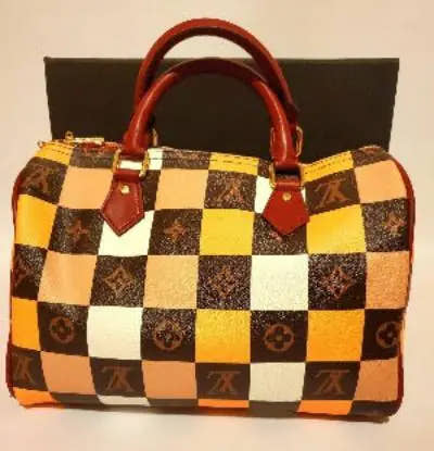 Women Lux BAG checkered pattern designer handbag with brown leather handles