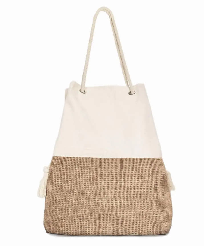TRIBECA TRIBE beach bag large two-tone canvas and jute beach tote with rope handles