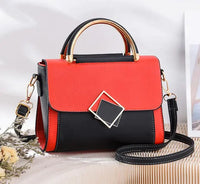 Stylish red and black oblique crossbody women bag with gold handle and adjustable strap