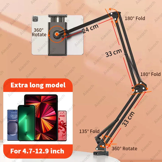 Tablet Holder for Bed with 90Cm Metal Arm Ipad Stand Tablet Bracket 360° Rotating Bed Phone Mount for 4.5~12.9 Inch Phone Tablet