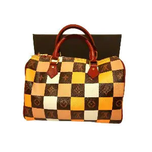 Women Lux BAG checkered pattern designer handbag with brown leather handles