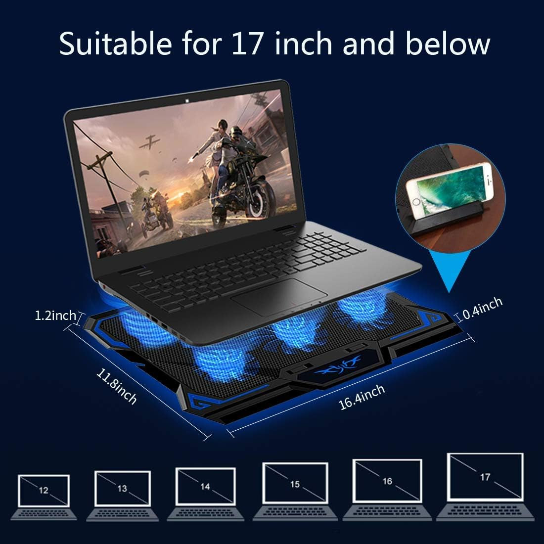 Laptop Cooling Pad, Laptop Cooler with 6 Quiet Led Fans for 15.6-17 Inch Laptop