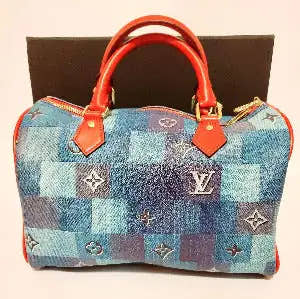 Women Lux BAG elegant designer handbag with blue patchwork and red handles