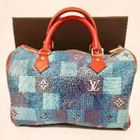 Women Lux BAG elegant designer handbag with blue patchwork and red handles
